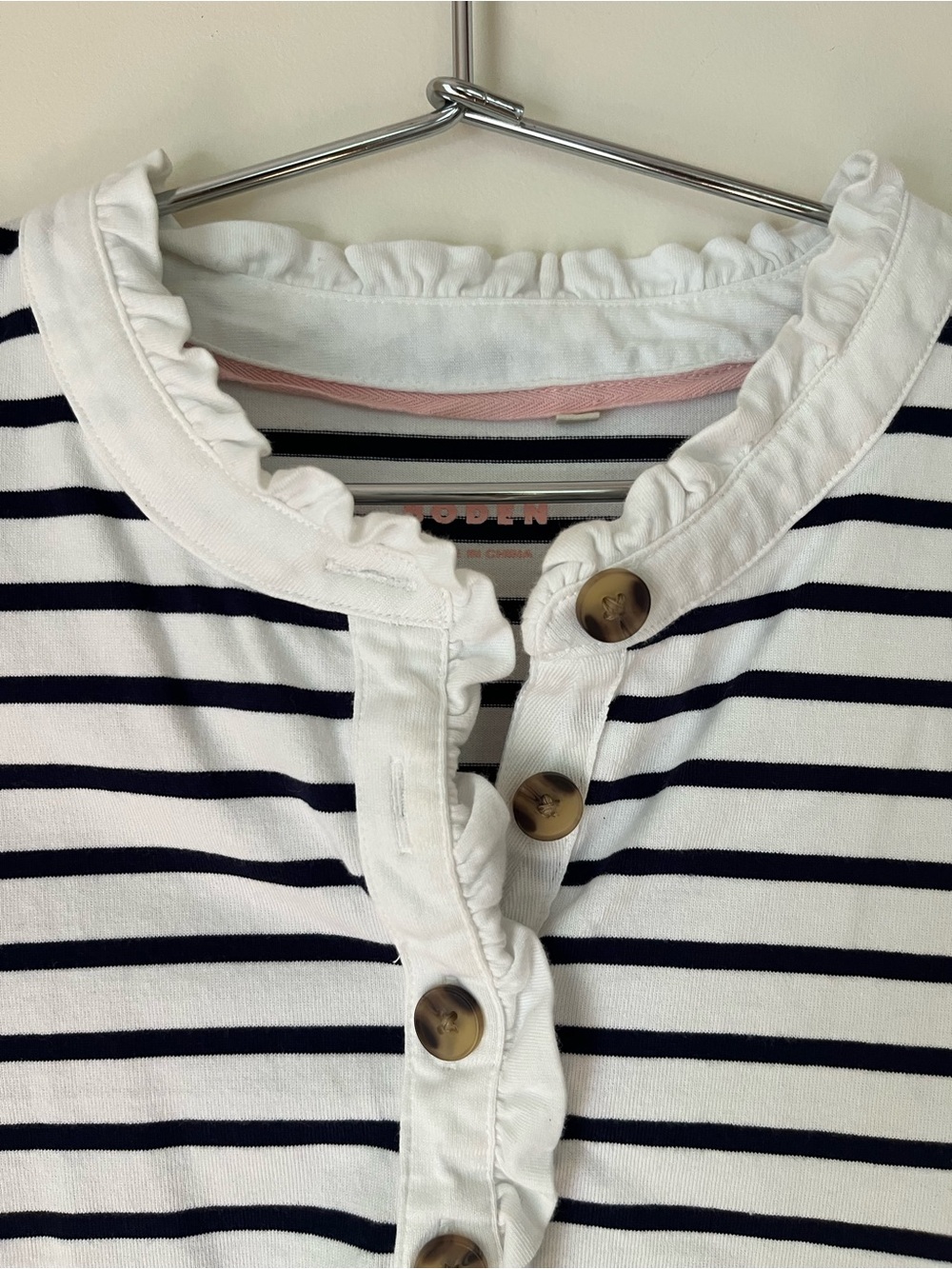 Boden Mariner Navy and White Stripe Shirt with Ruffle Collar - Picture 2 of 5